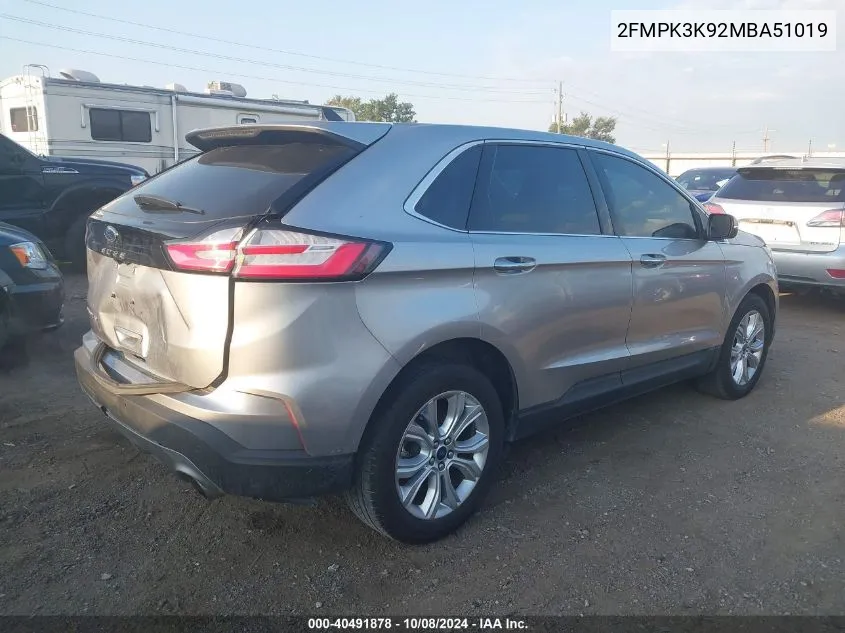 2021 Ford Edge Titanium VIN: 2FMPK3K92MBA51019 Lot: 40491878