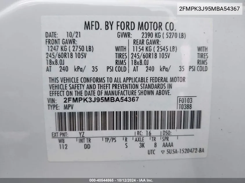 2021 Ford Edge Sel VIN: 2FMPK3J95MBA54367 Lot: 40544865