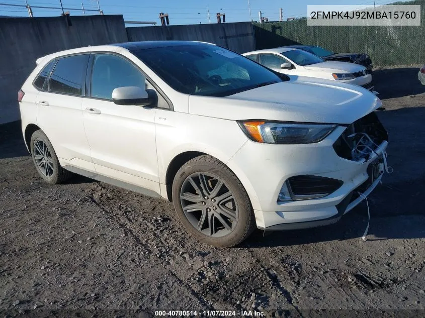 2021 Ford Edge St-Line VIN: 2FMPK4J92MBA15760 Lot: 40780514