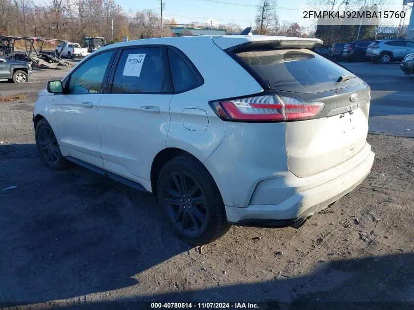 2021 Ford Edge St-Line VIN: 2FMPK4J92MBA15760 Lot: 40780514