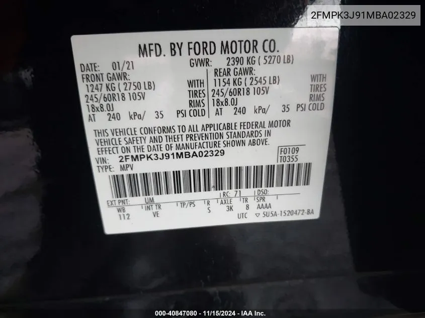 2021 Ford Edge Sel VIN: 2FMPK3J91MBA02329 Lot: 40847080