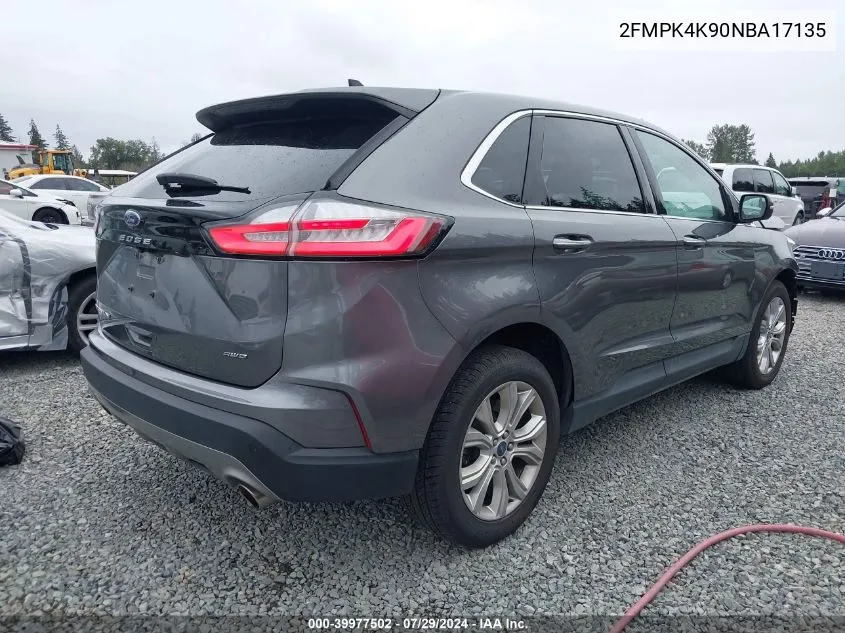 2022 Ford Edge Titanium VIN: 2FMPK4K90NBA17135 Lot: 39977502