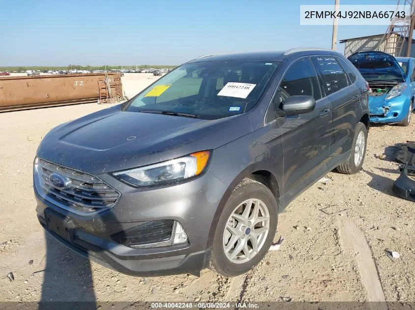 2022 Ford Edge Sel VIN: 2FMPK4J92NBA66743 Lot: 40042248