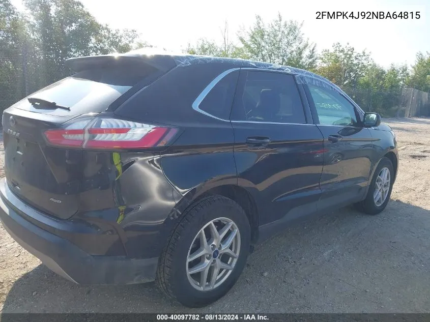 2022 Ford Edge Sel VIN: 2FMPK4J92NBA64815 Lot: 40097782