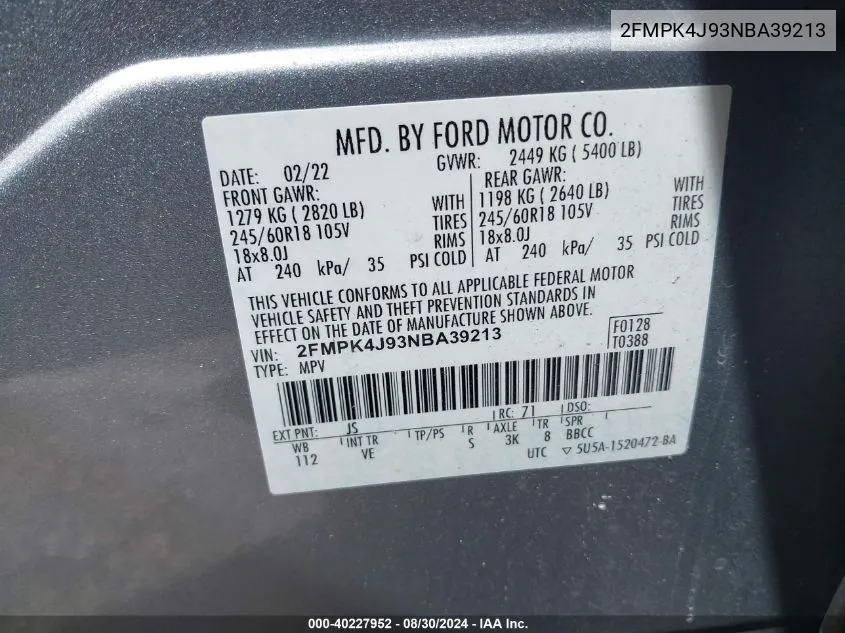 2022 Ford Edge Sel VIN: 2FMPK4J93NBA39213 Lot: 40227952