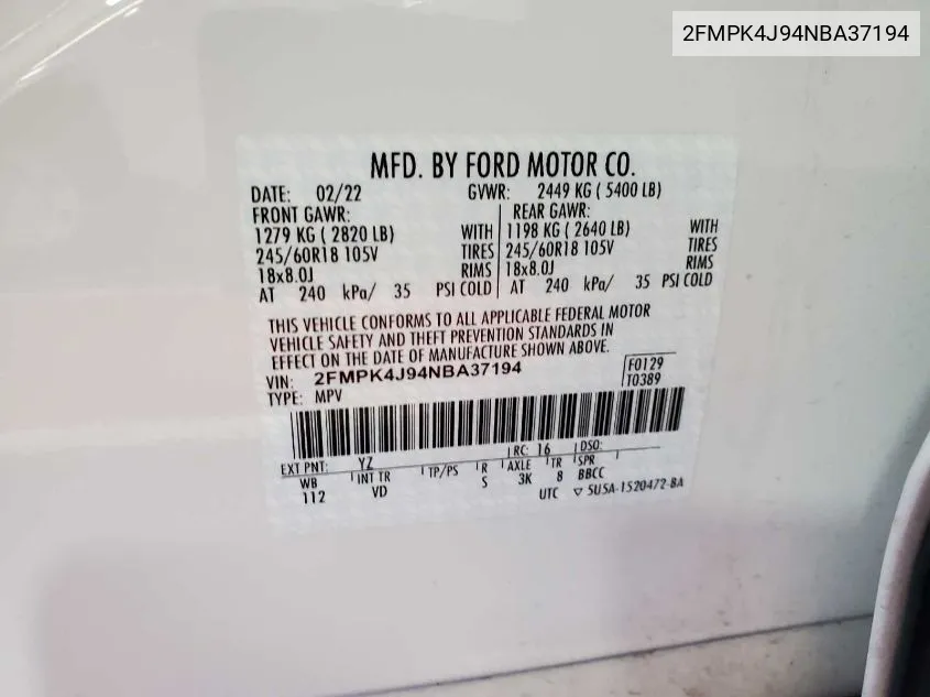 2022 Ford Edge Sel VIN: 2FMPK4J94NBA37194 Lot: 40563822