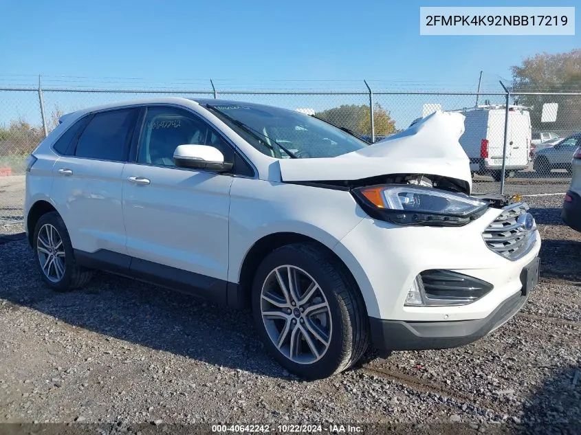 2022 Ford Edge Titanium VIN: 2FMPK4K92NBB17219 Lot: 40642242