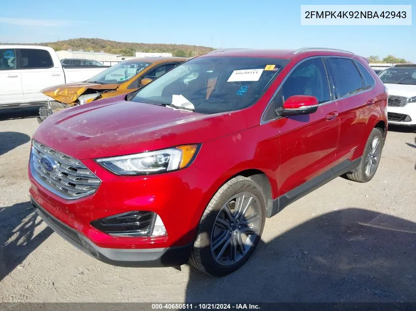 2022 Ford Edge Titanium VIN: 2FMPK4K92NBA42943 Lot: 40650511