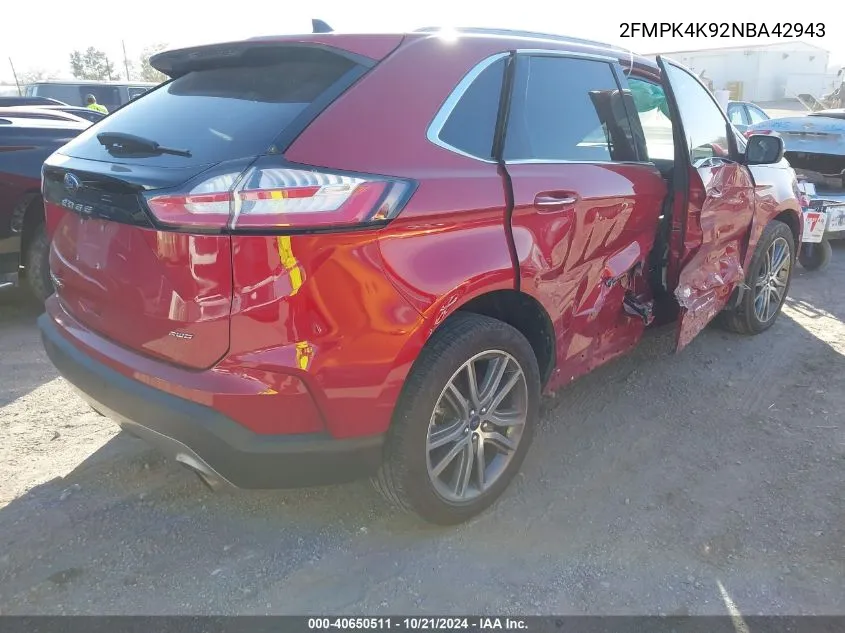 2022 Ford Edge Titanium VIN: 2FMPK4K92NBA42943 Lot: 40650511