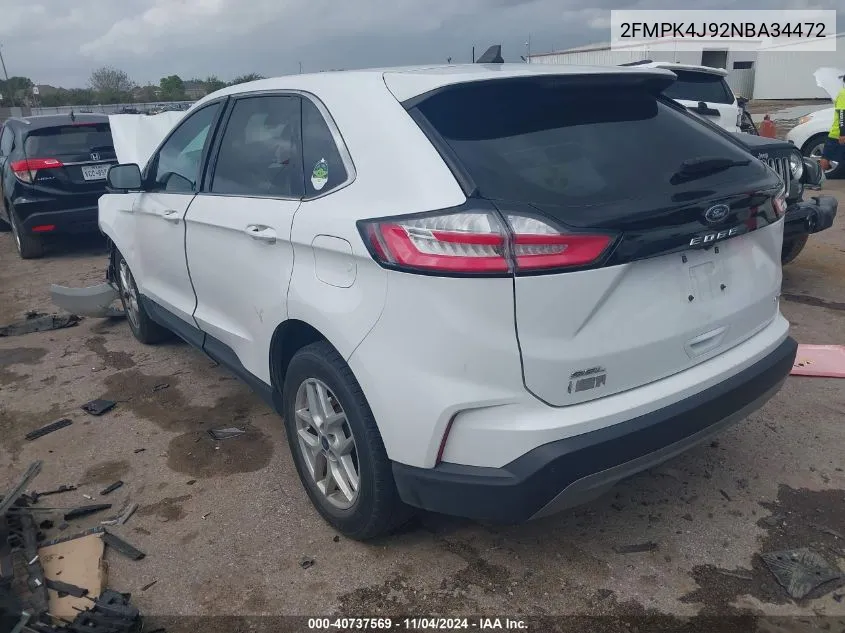 2022 Ford Edge Sel VIN: 2FMPK4J92NBA34472 Lot: 40737569