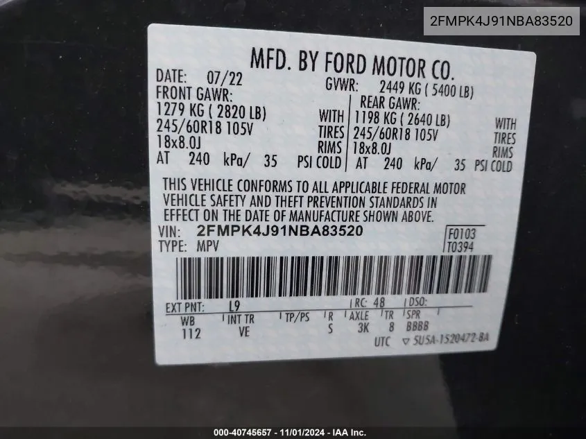 2022 Ford Edge Sel VIN: 2FMPK4J91NBA83520 Lot: 40745657