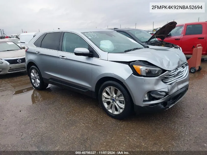 2022 Ford Edge Titanium VIN: 2FMPK4K92NBA52694 Lot: 40795327