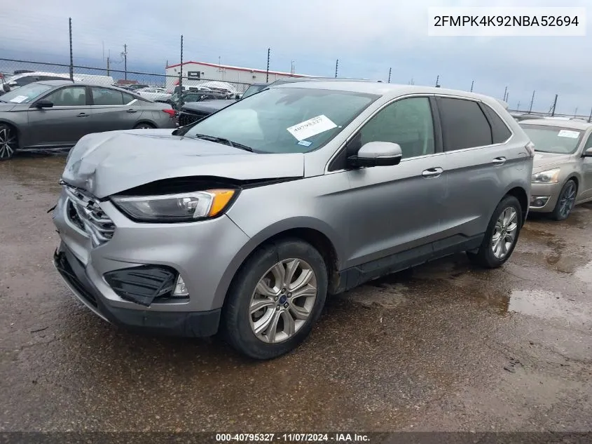 2022 Ford Edge Titanium VIN: 2FMPK4K92NBA52694 Lot: 40795327