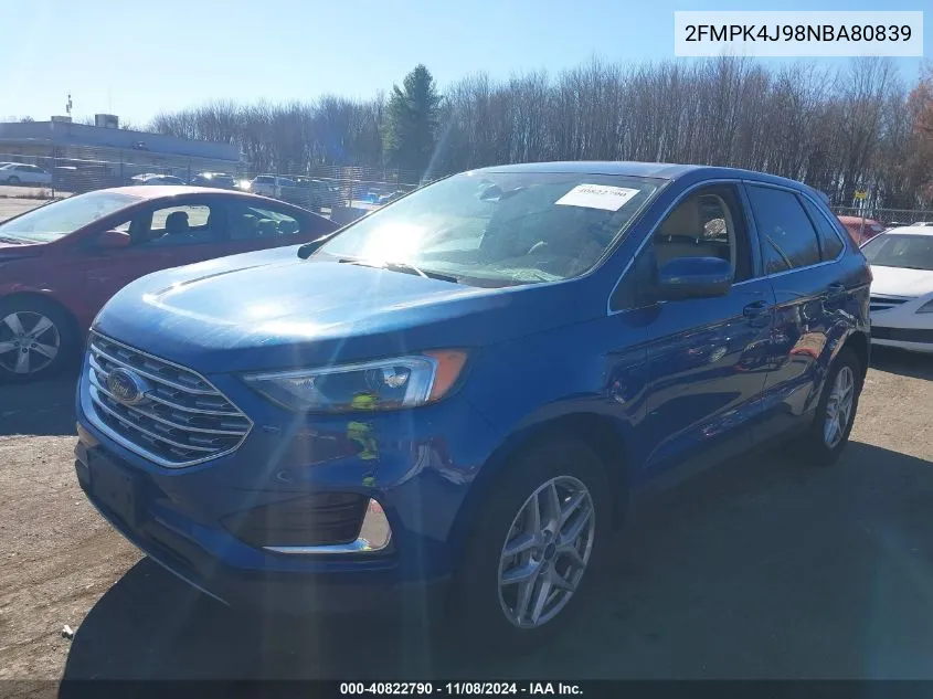 2022 Ford Edge Sel VIN: 2FMPK4J98NBA80839 Lot: 40822790