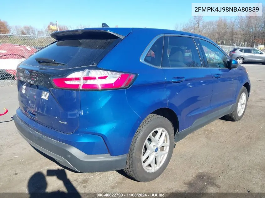 2022 Ford Edge Sel VIN: 2FMPK4J98NBA80839 Lot: 40822790