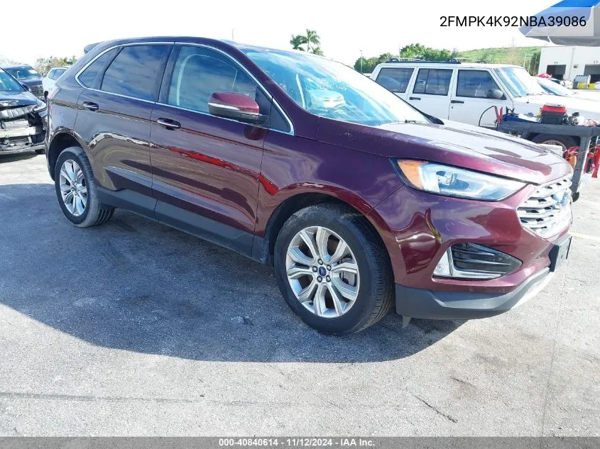 2022 Ford Edge Titanium VIN: 2FMPK4K92NBA39086 Lot: 40840614