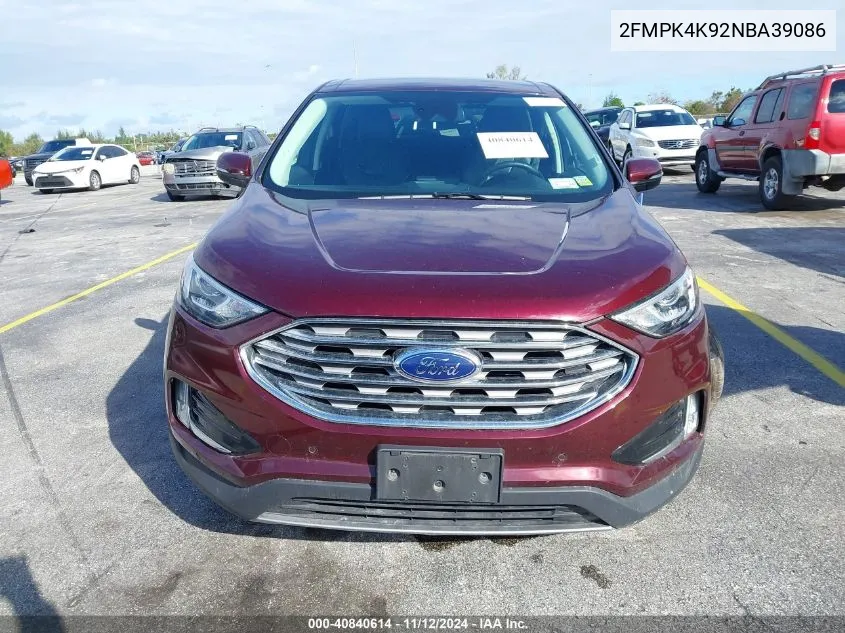 2022 Ford Edge Titanium VIN: 2FMPK4K92NBA39086 Lot: 40840614