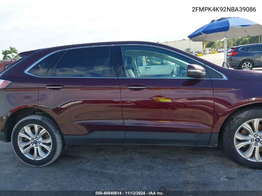 2022 Ford Edge Titanium VIN: 2FMPK4K92NBA39086 Lot: 40840614