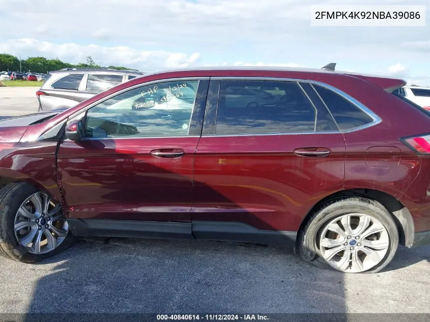 2022 Ford Edge Titanium VIN: 2FMPK4K92NBA39086 Lot: 40840614