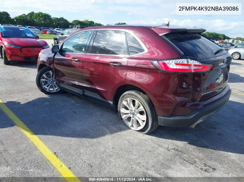 2022 Ford Edge Titanium VIN: 2FMPK4K92NBA39086 Lot: 40840614