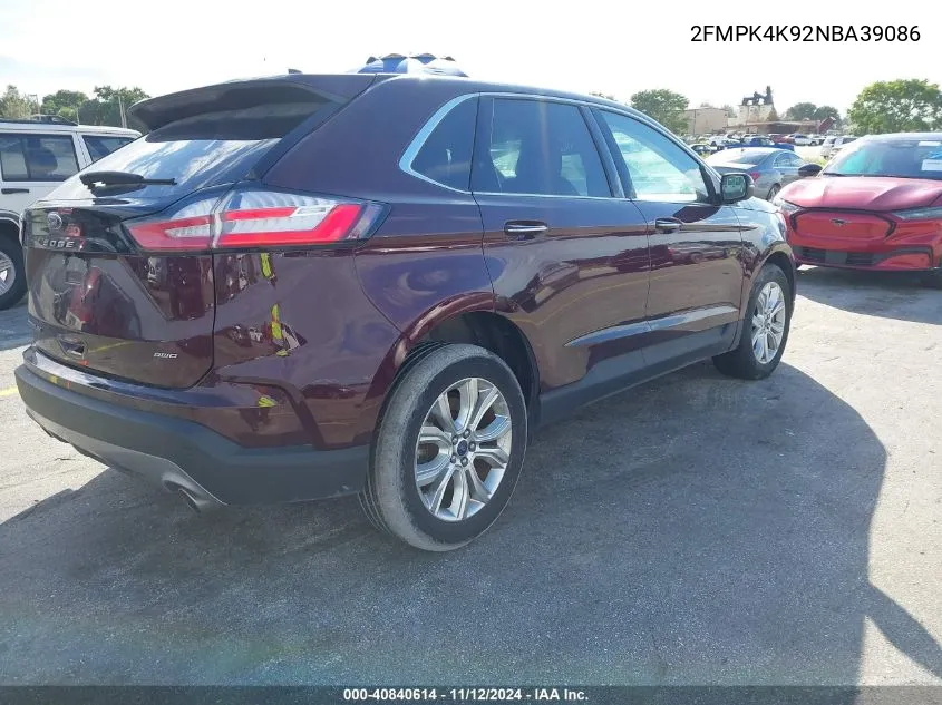 2022 Ford Edge Titanium VIN: 2FMPK4K92NBA39086 Lot: 40840614