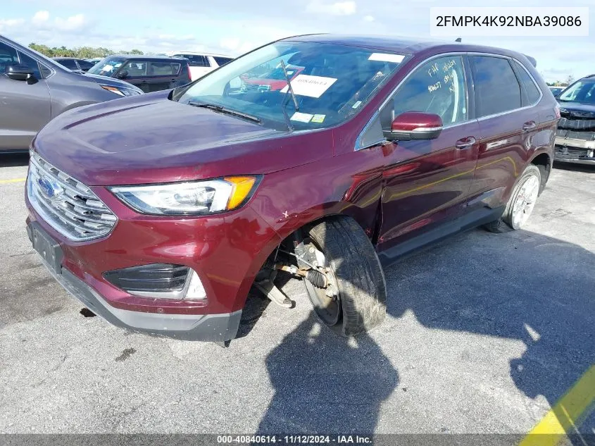 2022 Ford Edge Titanium VIN: 2FMPK4K92NBA39086 Lot: 40840614