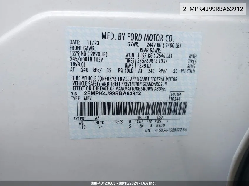 2024 Ford Edge Sel VIN: 2FMPK4J99RBA63912 Lot: 40123663