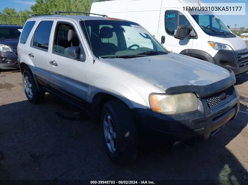 2003 Ford Escape Xlt VIN: 1FMYU93103KA51177 Lot: 39948703