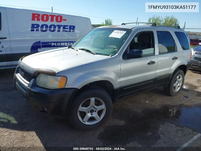 2003 Ford Escape Xlt VIN: 1FMYU93103KA51177 Lot: 39948703