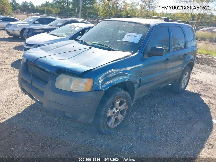 2003 Ford Escape Xls VIN: 1FMYU021X3KA51622 Lot: 40615896