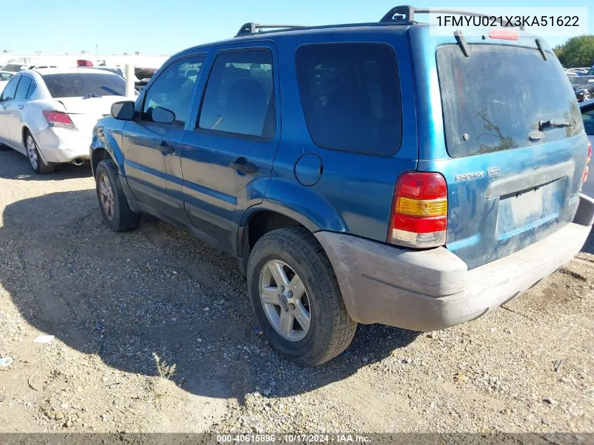 2003 Ford Escape Xls VIN: 1FMYU021X3KA51622 Lot: 40615896