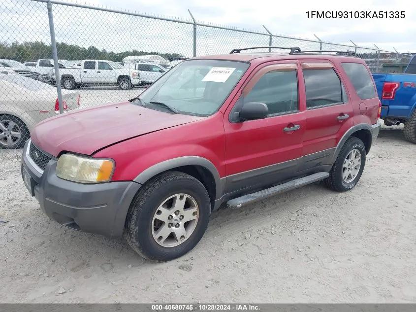 2003 Ford Escape Xlt VIN: 1FMCU93103KA51335 Lot: 40680745