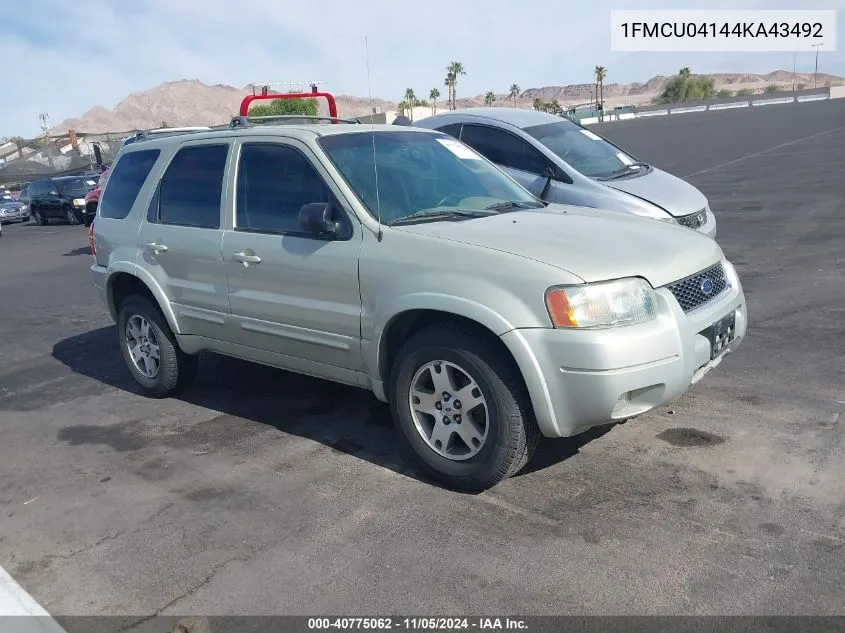 2004 Ford Escape Limited VIN: 1FMCU04144KA43492 Lot: 40775062