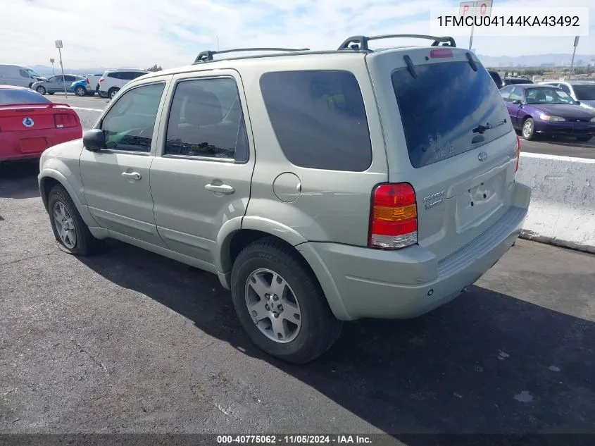 2004 Ford Escape Limited VIN: 1FMCU04144KA43492 Lot: 40775062