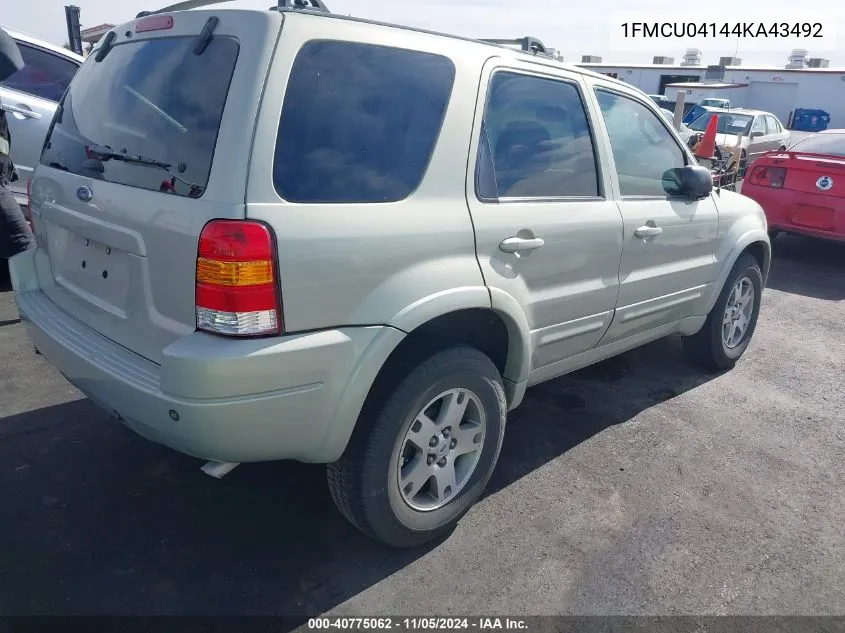 2004 Ford Escape Limited VIN: 1FMCU04144KA43492 Lot: 40775062