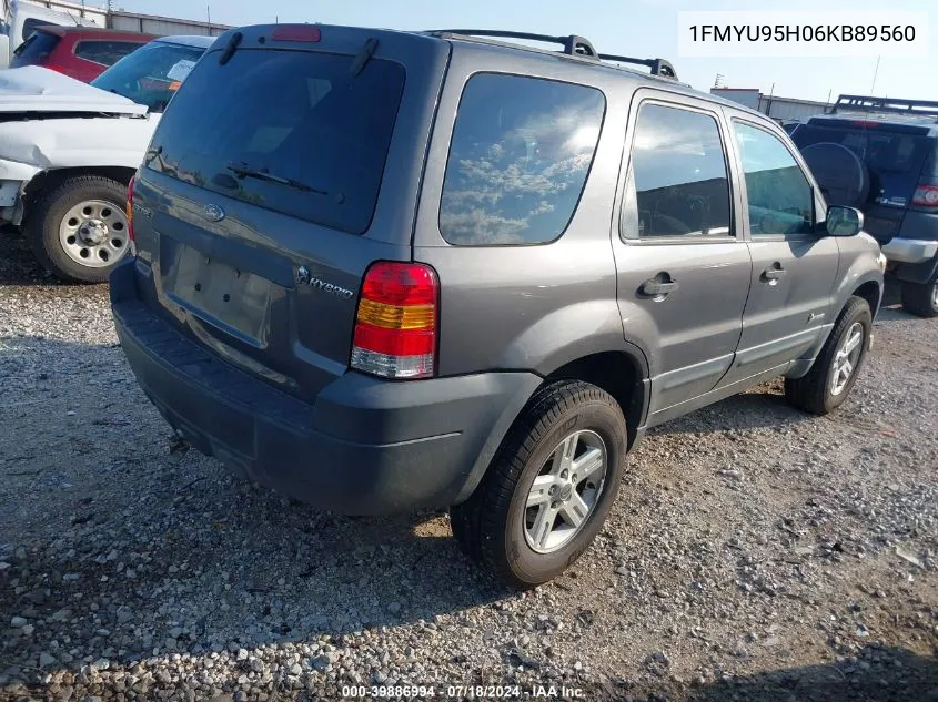 2006 Ford Escape Hybrid VIN: 1FMYU95H06KB89560 Lot: 39886994