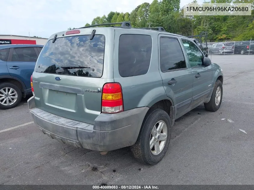 2006 Ford Escape Hybrid VIN: 1FMCU96H96KA20680 Lot: 40089083