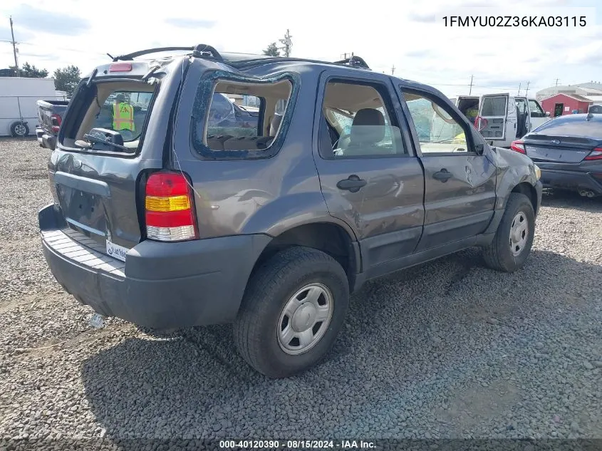 2006 Ford Escape Xls/Xls Manual VIN: 1FMYU02Z36KA03115 Lot: 40120390