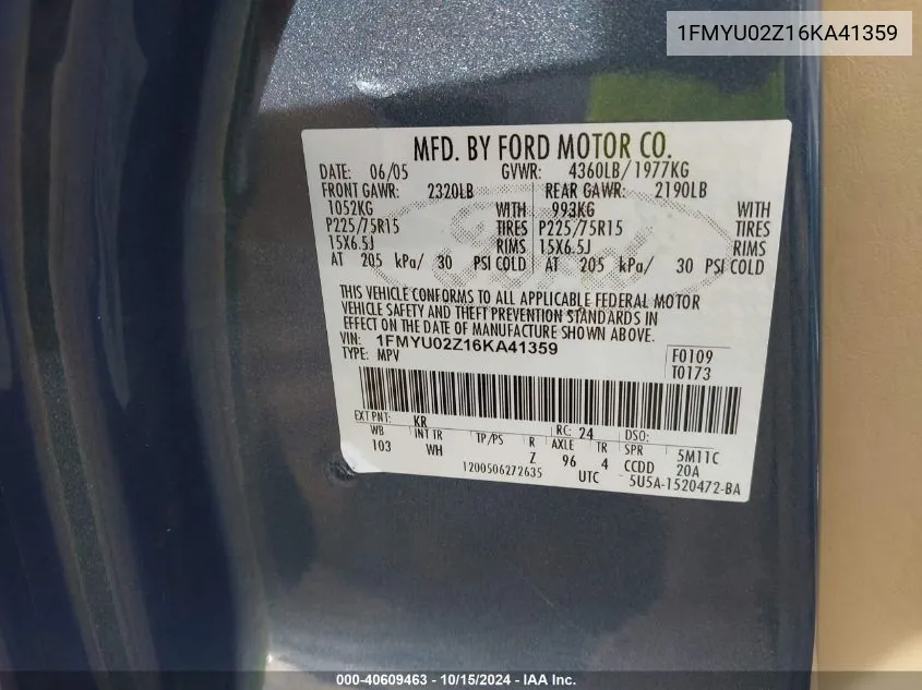 1FMYU02Z16KA41359 2006 Ford Escape Xls/Xls Manual