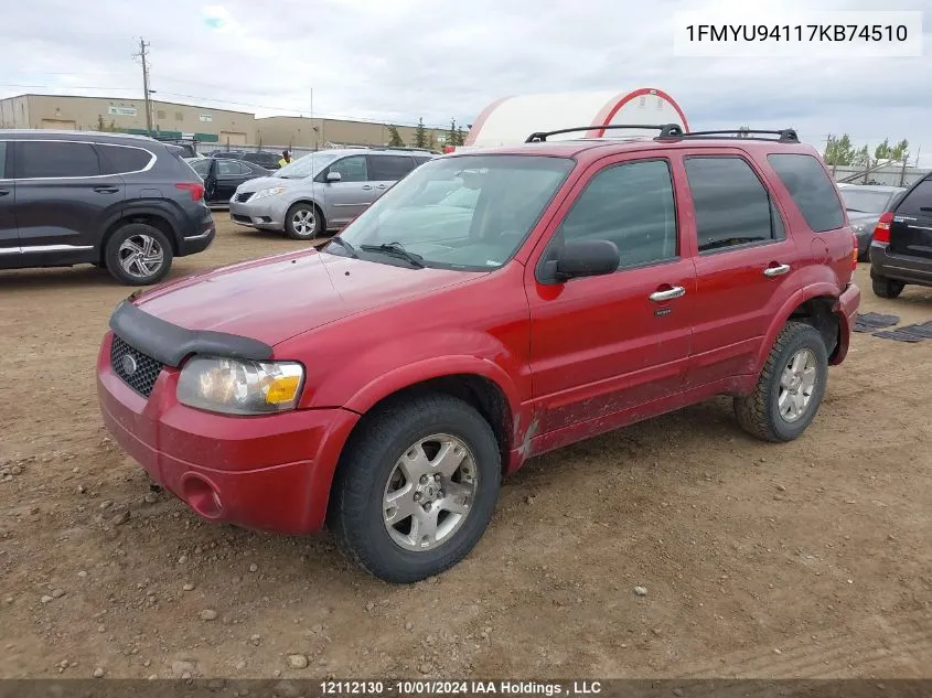 2007 Ford Escape VIN: 1FMYU94117KB74510 Lot: 12112130