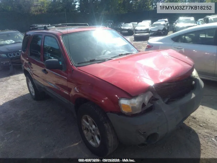 2007 Ford Escape Xlt VIN: 1FMYU03Z77KB18252 Lot: 40273276