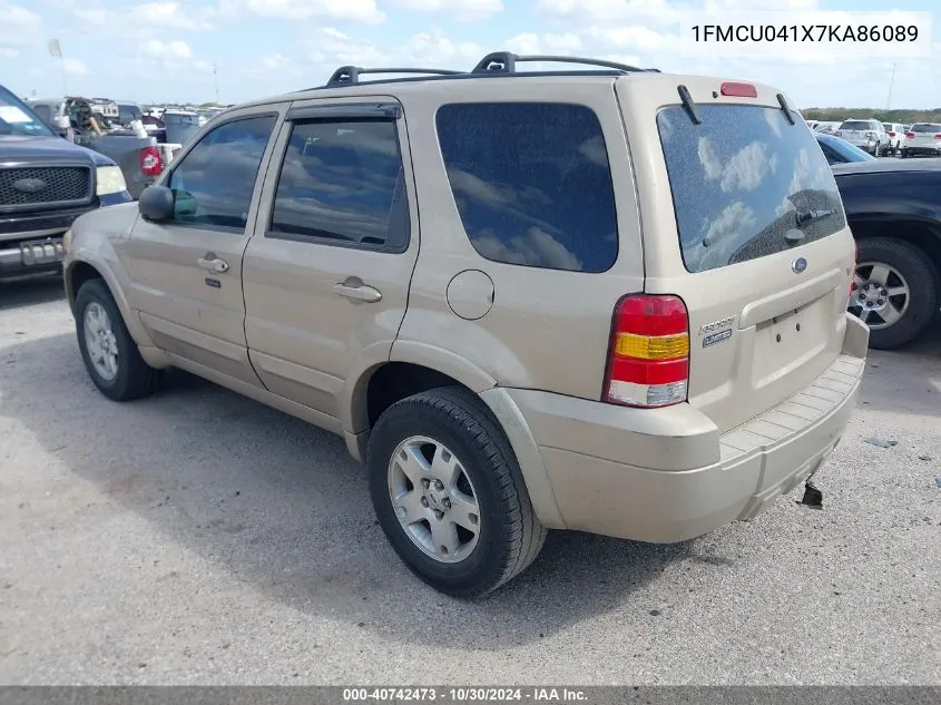 2007 Ford Escape Limited VIN: 1FMCU041X7KA86089 Lot: 40742473