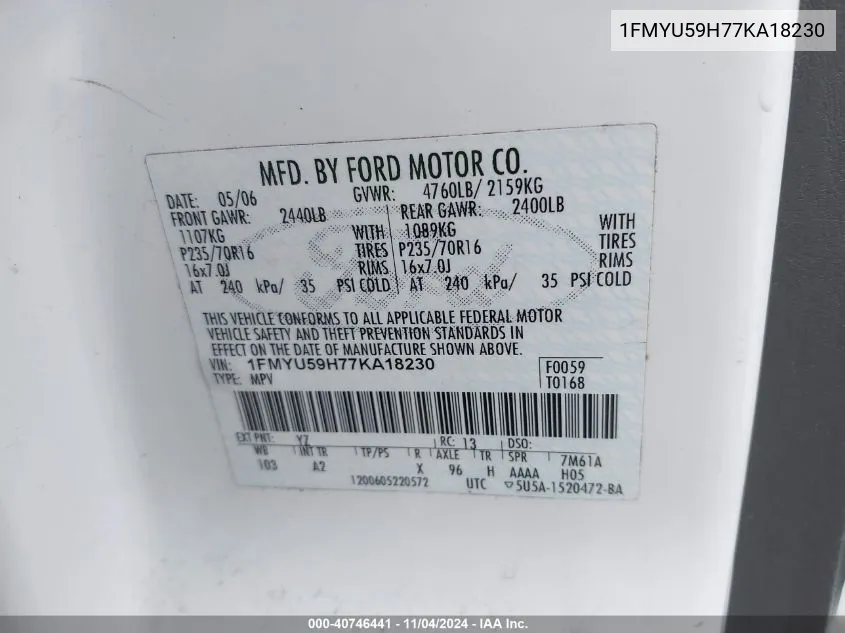 1FMYU59H77KA18230 2007 Ford Escape Hybrid