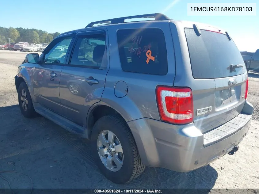 2008 Ford Escape Limited VIN: 1FMCU94168KD78103 Lot: 40551624