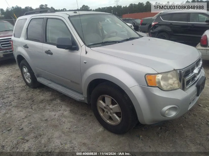 2008 Ford Escape Xlt VIN: 1FMCU03108KB48988 Lot: 40685638