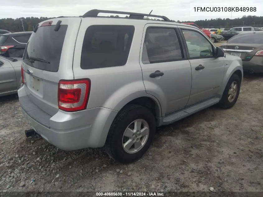 2008 Ford Escape Xlt VIN: 1FMCU03108KB48988 Lot: 40685638