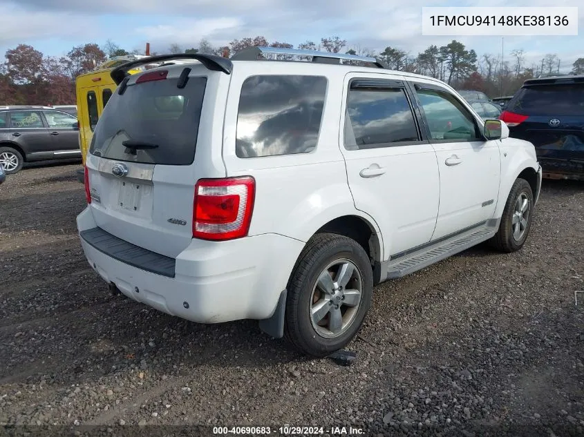 2008 Ford Escape Limited VIN: 1FMCU94148KE38136 Lot: 40690683