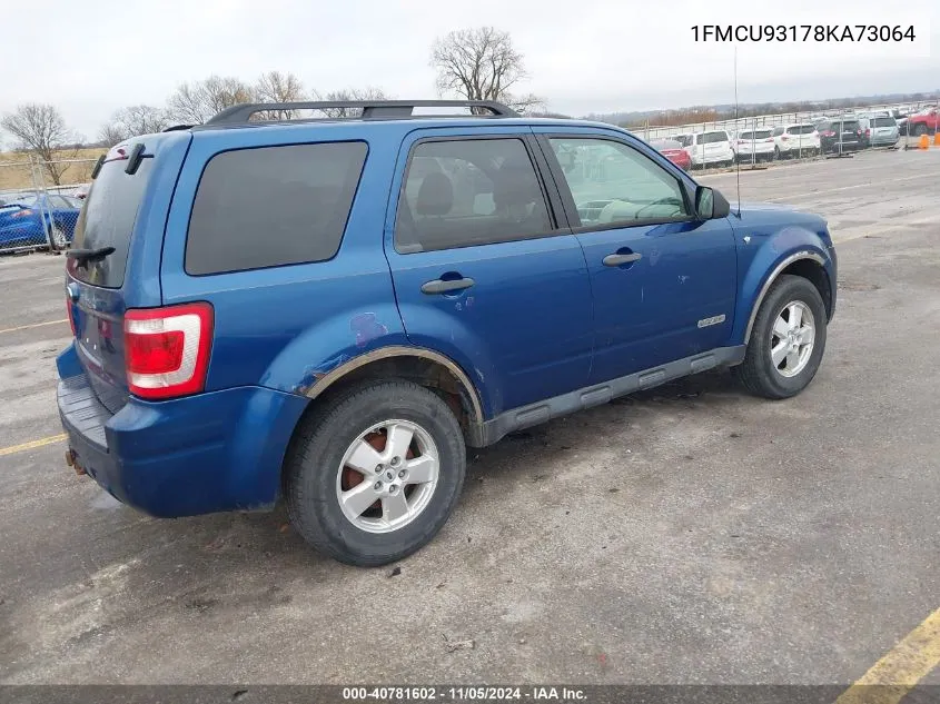 2008 Ford Escape Xlt VIN: 1FMCU93178KA73064 Lot: 40781602