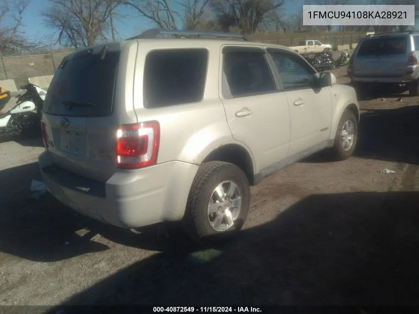 2008 Ford Escape Limited VIN: 1FMCU94108KA28921 Lot: 40872549