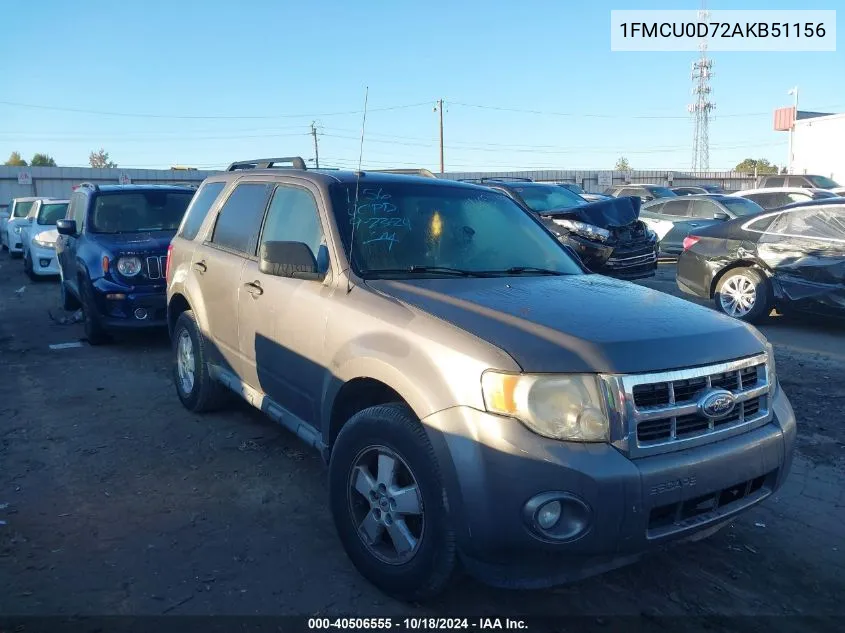 2010 Ford Escape Xlt VIN: 1FMCU0D72AKB51156 Lot: 40506555